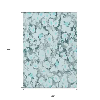 3' X 5' Teal Floral Washable Non Skid Indoor Outdoor Area Rug