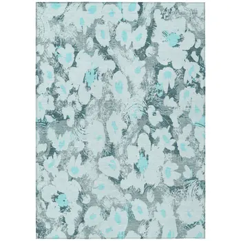 3' X 5' Teal Floral Washable Non Skid Indoor Outdoor Area Rug