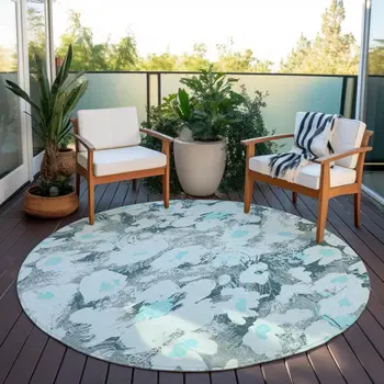 8' Round Teal Round Floral Washable Non Skid Indoor Outdoor Area Rug