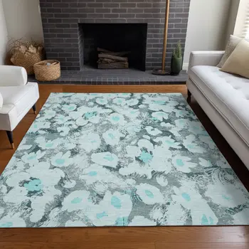 8' X 10' Teal Floral Washable Non Skid Indoor Outdoor Area Rug