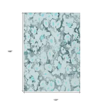 10' X 14' Teal Floral Washable Non Skid Indoor Outdoor Area Rug