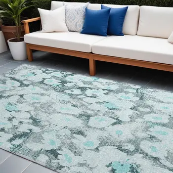 10' X 14' Teal Floral Washable Non Skid Indoor Outdoor Area Rug