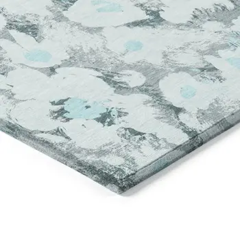 10' X 14' Teal Floral Washable Non Skid Indoor Outdoor Area Rug