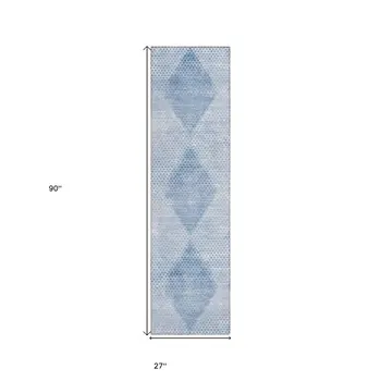 8' Runner Blue Geometric Washable Non Skid Indoor Outdoor Runner Rug