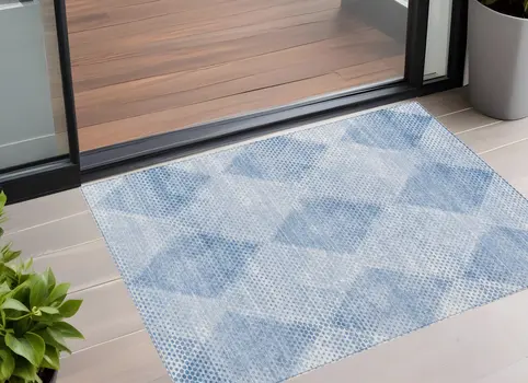 3' X 5' Blue Geometric Washable Non Skid Indoor Outdoor Area Rug