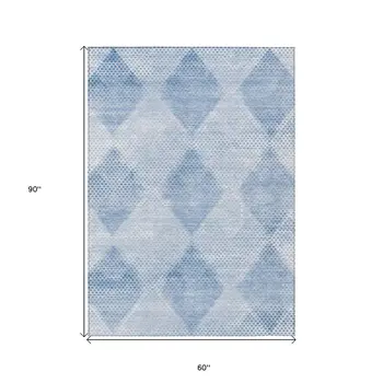 5' X 8' Blue Geometric Washable Non Skid Indoor Outdoor Area Rug