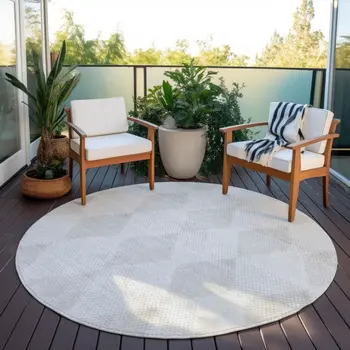 8' Round Ivory Round Geometric Washable Non Skid Indoor Outdoor Area Rug