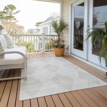 9' X 12' Ivory Geometric Washable Non Skid Indoor Outdoor Area Rug