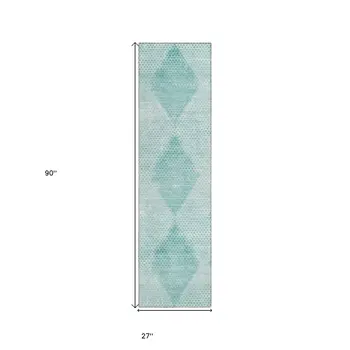 8' Runner Teal Geometric Washable Non Skid Indoor Outdoor Runner Rug