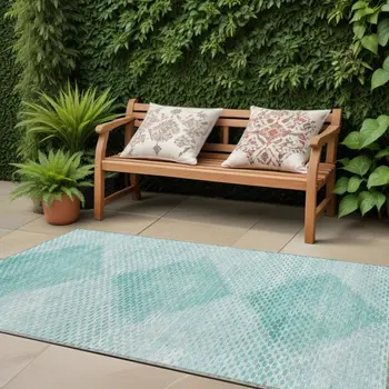 8' Runner Teal Geometric Washable Non Skid Indoor Outdoor Runner Rug