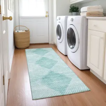 8' Runner Teal Geometric Washable Non Skid Indoor Outdoor Runner Rug