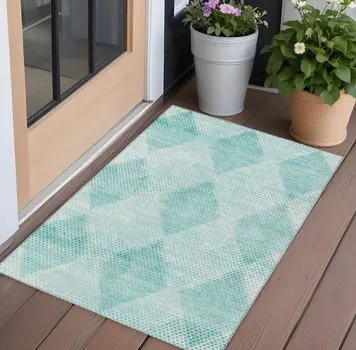 3' X 5' Teal Geometric Washable Non Skid Indoor Outdoor Area Rug