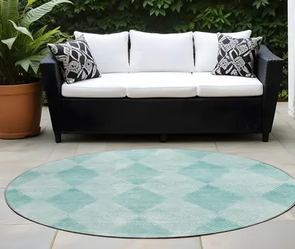8' Round Teal Round Geometric Washable Non Skid Indoor Outdoor Area Rug