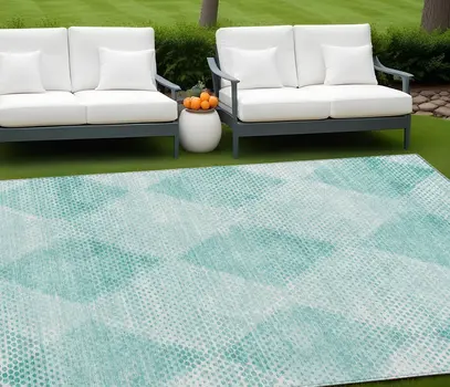 8' X 10' Teal Geometric Washable Non Skid Indoor Outdoor Area Rug