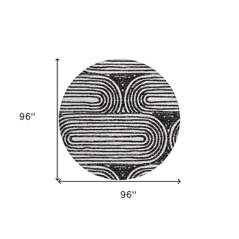 8' Black And White Round Abstract Washable Indoor Outdoor Area Rug