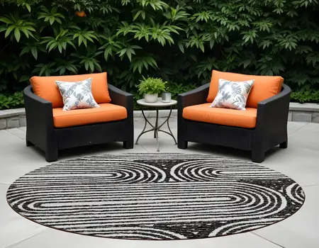 8' Black And White Round Abstract Washable Indoor Outdoor Area Rug