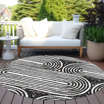 8' Black And White Round Abstract Washable Indoor Outdoor Area Rug