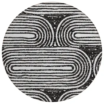 8' Black And White Round Abstract Washable Indoor Outdoor Area Rug