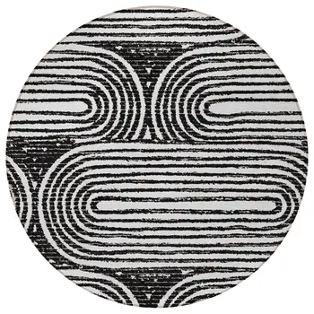8' Black And White Round Abstract Washable Indoor Outdoor Area Rug