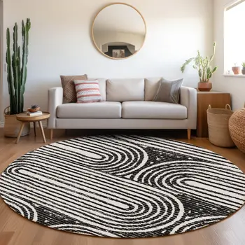 8' Black And White Round Abstract Washable Indoor Outdoor Area Rug