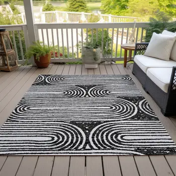 8' X 10' Black And White Abstract Washable Indoor Outdoor Area Rug