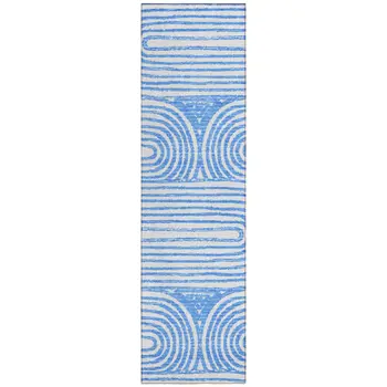 8' Runner Blue and White Abstract Washable Non Skid Indoor Outdoor Runner Rug