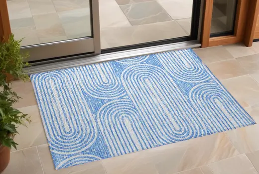 3' X 5' Blue and White Abstract Washable Non Skid Indoor Outdoor Area Rug