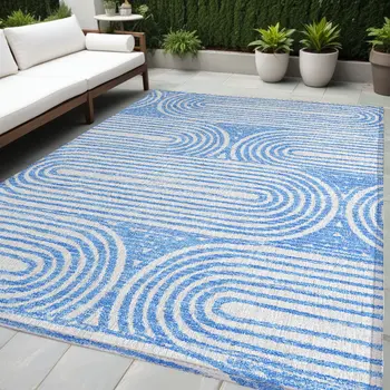 5' X 8' Blue and White Abstract Washable Non Skid Indoor Outdoor Area Rug