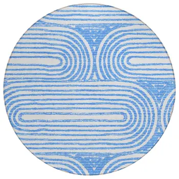 8' Round Blue and White Round Abstract Washable Non Skid Indoor Outdoor Area Rug
