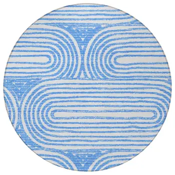 8' Round Blue and White Round Abstract Washable Non Skid Indoor Outdoor Area Rug