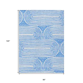 8' X 10' Blue and White Abstract Washable Non Skid Indoor Outdoor Area Rug