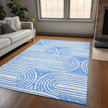 8' X 10' Blue and White Abstract Washable Non Skid Indoor Outdoor Area Rug