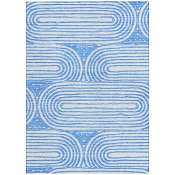 9' X 12' Blue and White Abstract Washable Non Skid Indoor Outdoor Area Rug