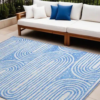 9' X 12' Blue and White Abstract Washable Non Skid Indoor Outdoor Area Rug