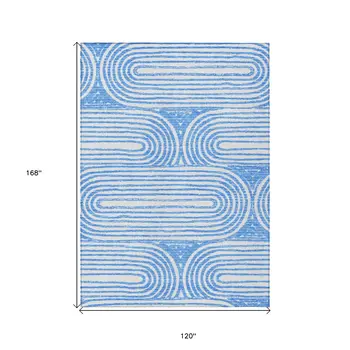10' X 14' Blue and White Abstract Washable Non Skid Indoor Outdoor Area Rug