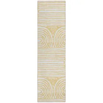 8' Runner Gold and White Abstract Washable Non Skid Indoor Outdoor Runner Rug