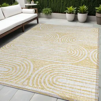 5' X 8' Gold And White Abstract Washable Indoor Outdoor Area Rug