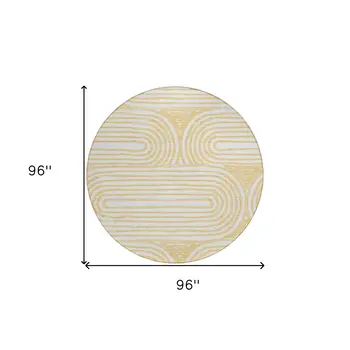 8' Round Gold and White Round Abstract Washable Non Skid Indoor Outdoor Area Rug