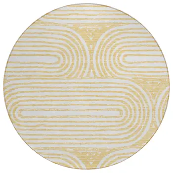 8' Round Gold and White Round Abstract Washable Non Skid Indoor Outdoor Area Rug
