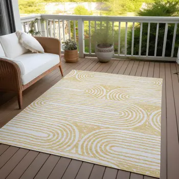 8' X 10' Gold And White Abstract Washable Indoor Outdoor Area Rug