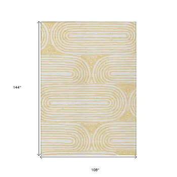 9' X 12' Gold and White Abstract Washable Non Skid Indoor Outdoor Area Rug