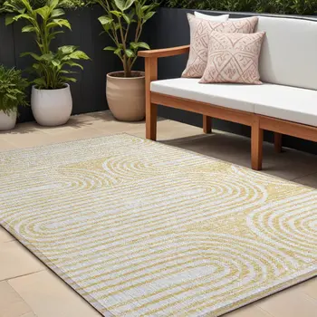 10' X 14' Gold And White Abstract Washable Indoor Outdoor Area Rug