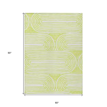 5' X 8' Green And White Abstract Washable Indoor Outdoor Area Rug