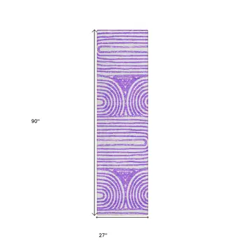 8' Runner Purple and White Abstract Washable Non Skid Indoor Outdoor Runner Rug