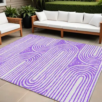 8' X 10' Purple and White Abstract Washable Non Skid Indoor Outdoor Area Rug
