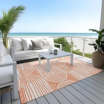 3' X 5' Orange and Ivory Abstract Washable Non Skid Indoor Outdoor Area Rug