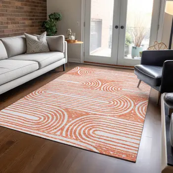 3' X 5' Orange and Ivory Abstract Washable Non Skid Indoor Outdoor Area Rug