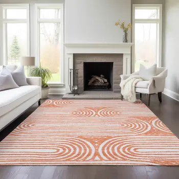 3' X 5' Orange and Ivory Abstract Washable Non Skid Indoor Outdoor Area Rug