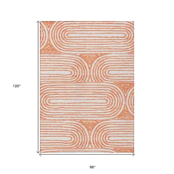 8' X 10' Orange and Ivory Abstract Washable Non Skid Indoor Outdoor Area Rug