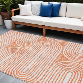 9' X 12' Orange and Ivory Abstract Washable Non Skid Indoor Outdoor Area Rug